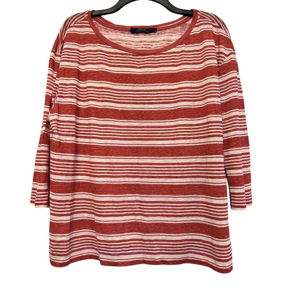 Polo Ralph Lauren Red‎ Cream Stripe Linen 3/4 Sleeve Boat Neck Shirt Size Large